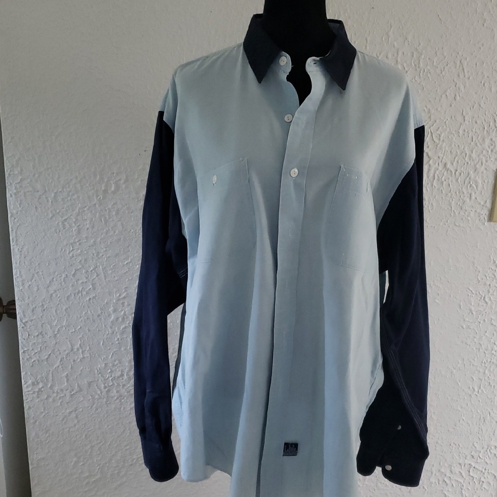 Casual Blue Button Down Shirt with Two-Tone Design